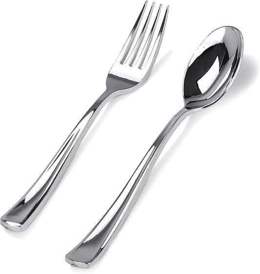BUCLA 200 Pieces Silver Plastic Silverware - Heavy Duty Disposable Cutlery set - 100 Silver Plastic Forks, 100 Disposable Spoons for Catering, Parties, Dinners, Weddings and Christmas