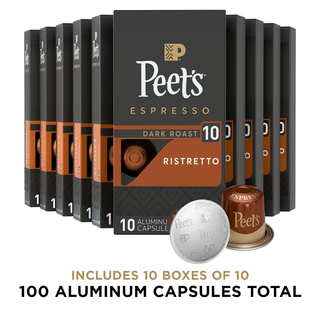 Peet's Coffee, Dark Roast Espresso Capsules, Compatible with Nespresso Original Machine - Ristretto Intensity 10, 100 Count (10 Boxes of 10 Espresso Capsules)