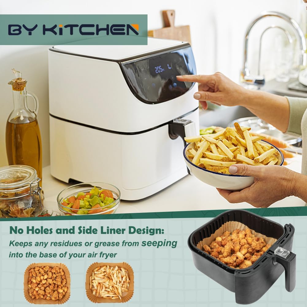 BYKITCHEN Large Air Fryer Liners, Set of 100, 10 Inch Square Air Fryer Liners, XL Airfryer Disposable Paper Liner, Compatible with Corsori, Ninja, Gourmia Airfryer and More