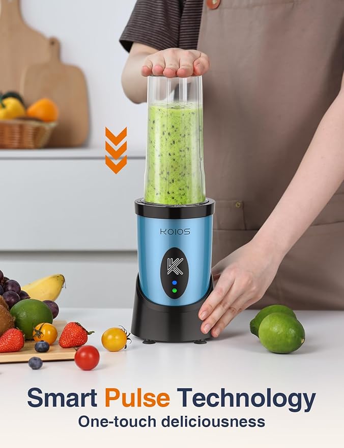 KOIOS Blender for Smoothies, Peak 900W Personal Blender for Kitchen Shakes and Smoothies, with 2×22oz Portable Cups and To-Go Lids, Detachable 4-Leaf Stainless Steel Blade, Nutrition Recipe, Blue
