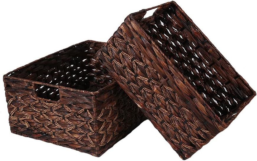 Rectangular Woven Water Hyacinth Basket,Dark Storage Basket With Inside Handle Shelves Kitchen Office Desk (Set of 2)