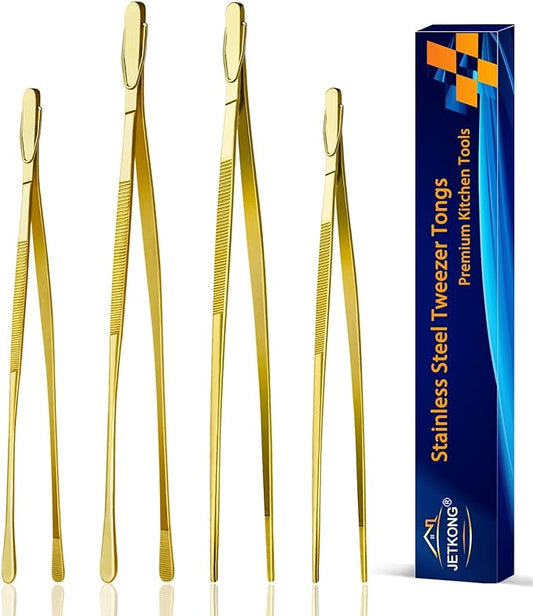 JETKONG 4 Pcs Kitchen Tweezers, 12'' and 10'' Stainless Steel Cooking Tweezers Set, High-Precision Tweezers Tongs for Cooking, Repairing, Seafood and BBQ (Gold)