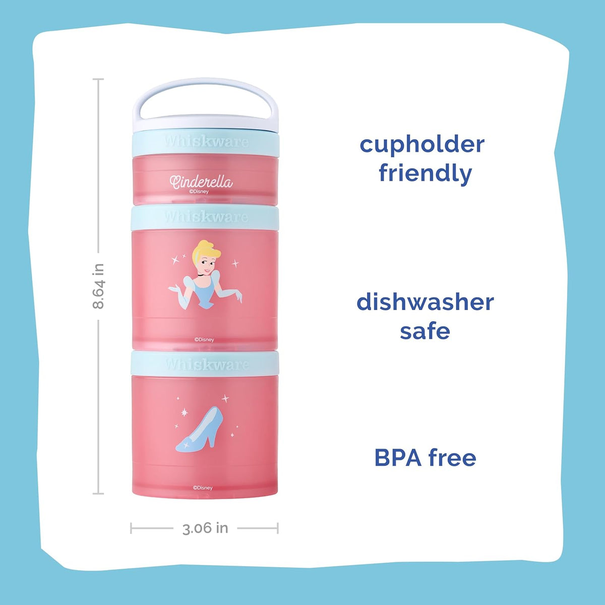 Whiskware Disney Princess Cinderella, Stackable Snack Containers for Kids, 3 Stackable Snack Cups for School or Travel, Backpack and Cupholder Friendly, Glass Slipper