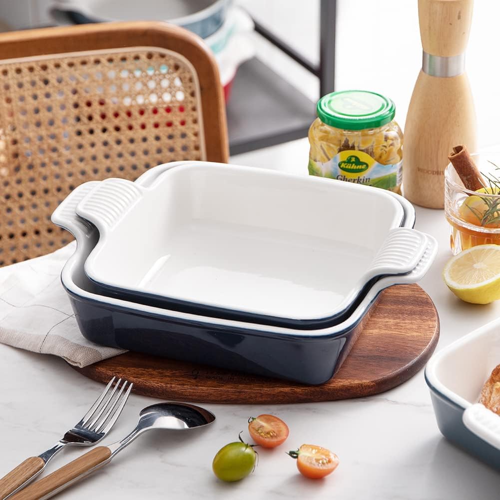 Sweejar Ceramic Baking Dish, 8 x 8 Cake Baking Pan for Brownie, Porcelain Square Bakeware with Double Handle for Casserole, Lasagna, Family Dinner (Navy)