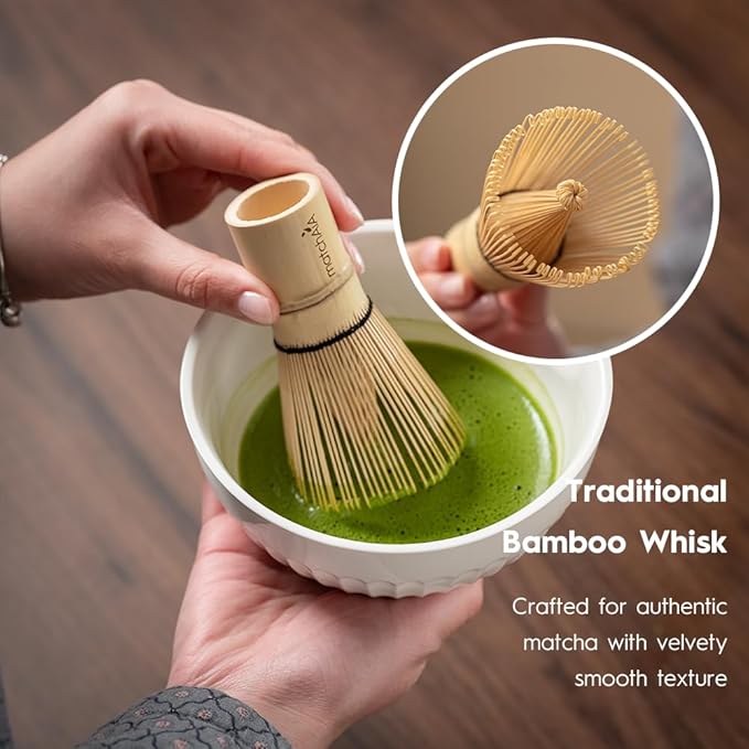 6 Pcs Matcha Set - Ceramic Bowl with Spout, Matcha Whisk with Holder, Tea Powder Canister, Sifter and Spoon, Complete Kit for Traditional Matcha, Modern Lattes, and Tea Ceremonies (White)