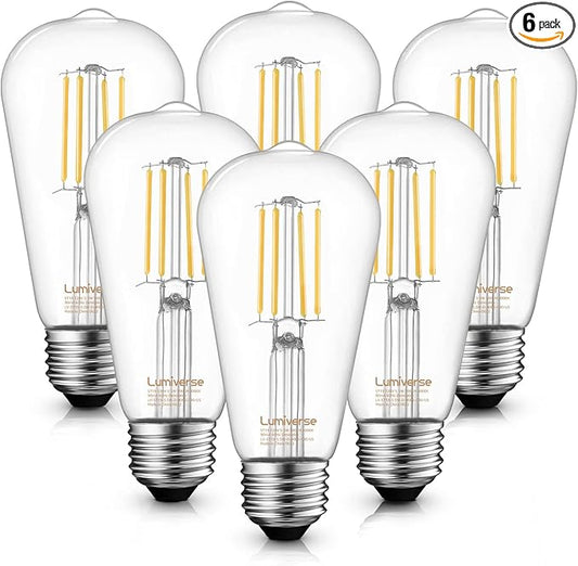 Lumiverse Edison Bulbs 60W Equivalent, Dimmable LED Light Bulbs, CRI 90+, Vintage E26 Lightbulbs, Natural White 4000K, ST19 ST58, 5.5W, Antique Clear Glass, 6 Pack