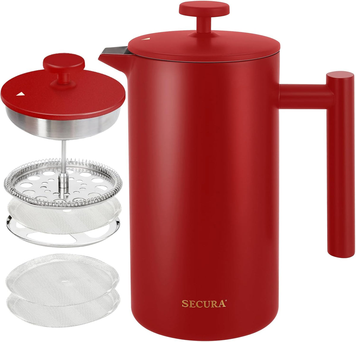 Secura French Press Coffee Maker, Double-Wall 304 Grade Stainless Steel Coffee Press with 2 Extra Screens, 34oz (1L), Red
