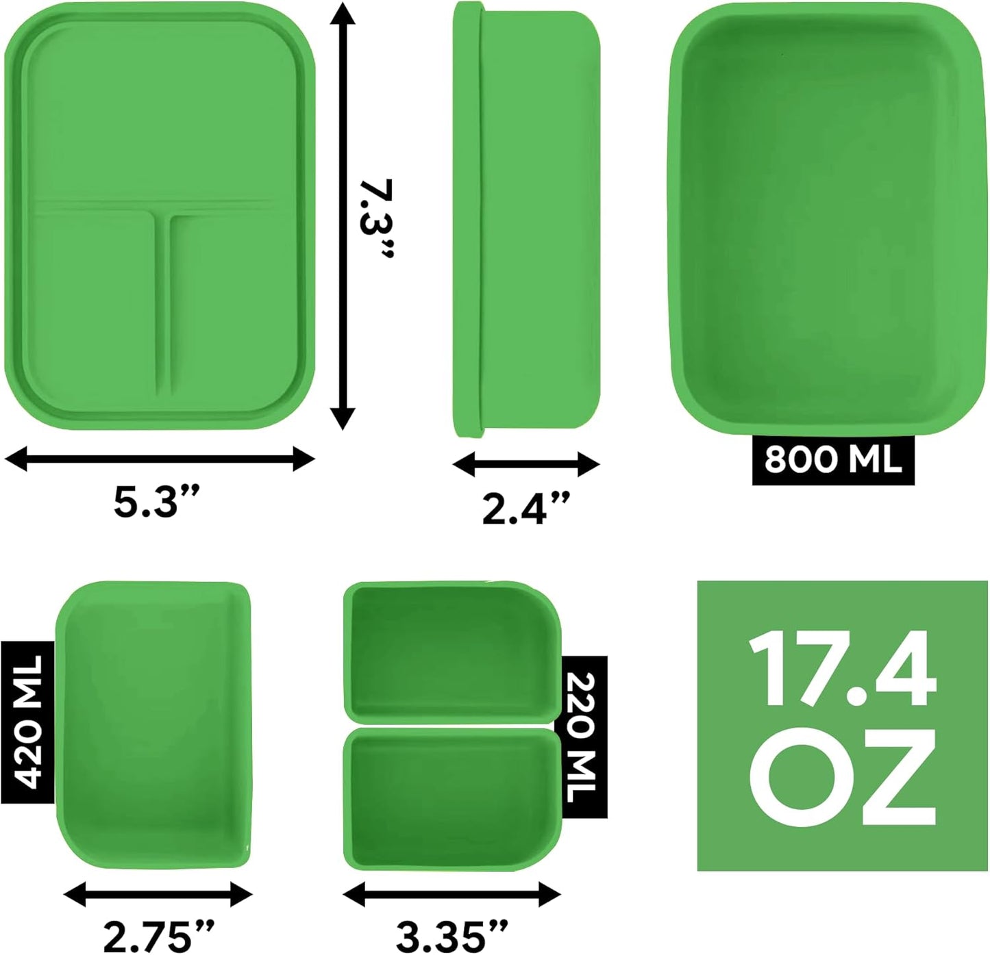 Platinum Silicone Bento Lunch Box Set of 2 – 3 Compartments, Leakproof, Versatile, Durable, Microwave & Freezer Safe, Meal Prep Container, Food Storage for All Ages (Watermelon Green)