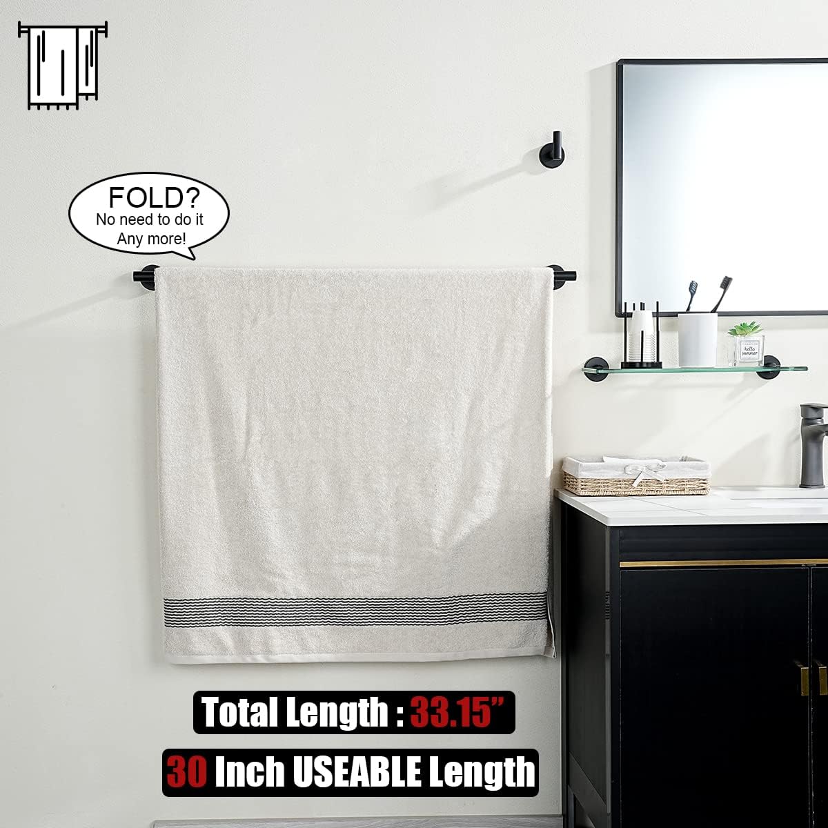 JQK Black Bath Towel Bar, 33 Inch 304 Stainless Steel Thicken 0.8mm Towel Rack Bathroom, Towel Holder Matte Black Wall Mount, Useable Length 30 Inch 2 Pack, TB110L30-PB-P2