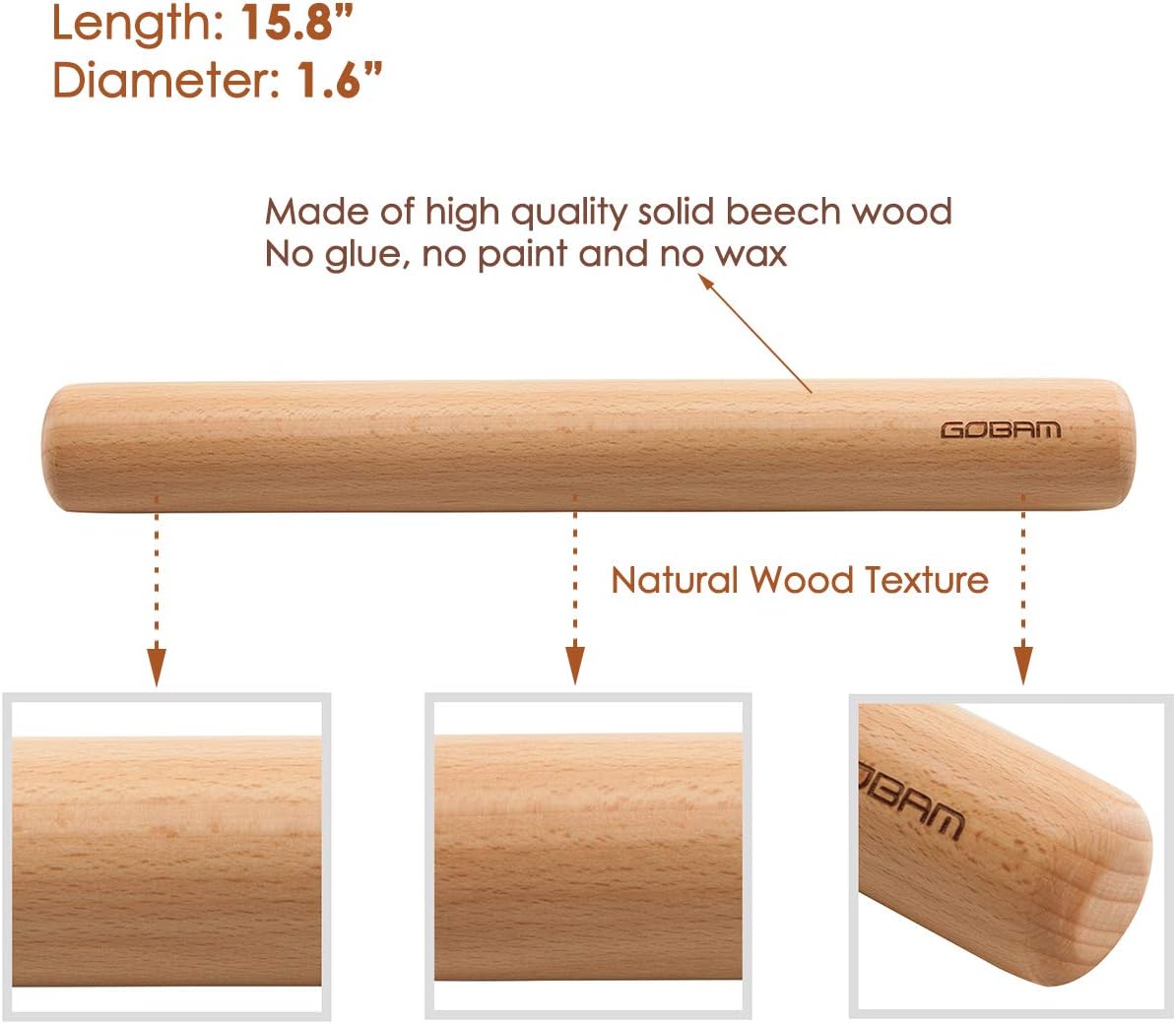 GOBAM Wood Rolling Pin, Extra Large - Dough Roller for Pasta, Cookies, Pie, Pizza, Chapati, Fondant, Rolling Pins for Baking, Bread Making Tools and Supplies - 15.8 x 1.6 Inches