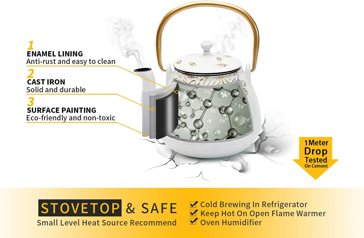 Tea Kettle, TOPTIER Japanese Cast Iron Teapot with Infuser for Loose Leaf and Tea Bags, Stovetop Safe Cast Iron Tea Kettle Coated with Enameled Interior for 40 oz (1200 ml), Beige