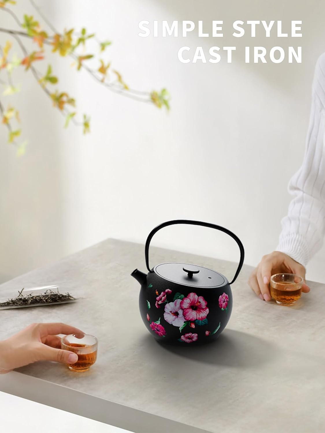 Toptier Teapot with Removable Infuser, Cast Iron Tea Kettle Stovetop Safe, Solid Geometry Ball Design Tea Pot Coated with Enameled Interior for 32 Ounce (950 ml), Morning Glory
