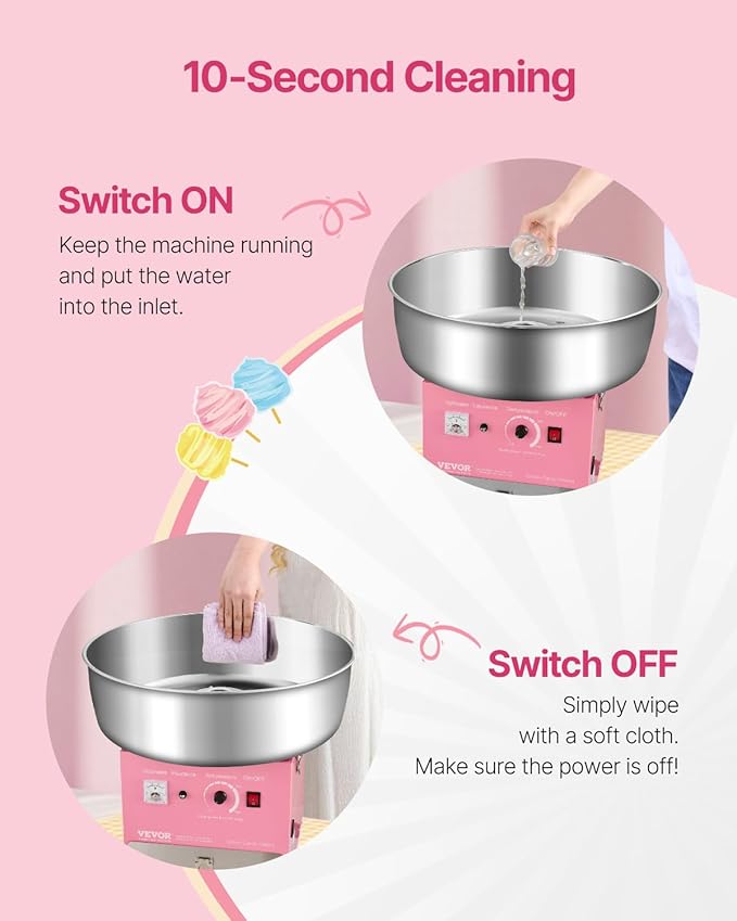 VEVOR Electric Cotton Candy Machine, 1000W Commercial Candy Floss Maker with 20.5 in Stainless Steel Bowl, Sugar Scoop, and Drawer, Easy Home Use, Perfect for Kids Birthday, Family Party, Pink
