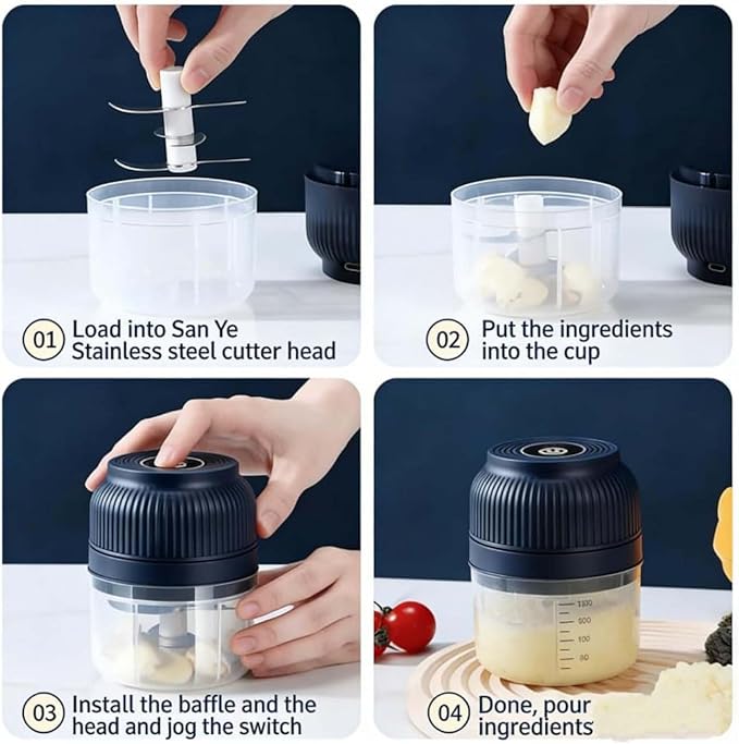 Electric Garlic Chopper, Mini Portable Veggie Cutter with 4/6 Stainless Steel Blades, Portable Wireless Rechargeable Mini Electric Garlic Food Chopper for Garlic, Onion, Chili, Nuts (Blue,320ML)