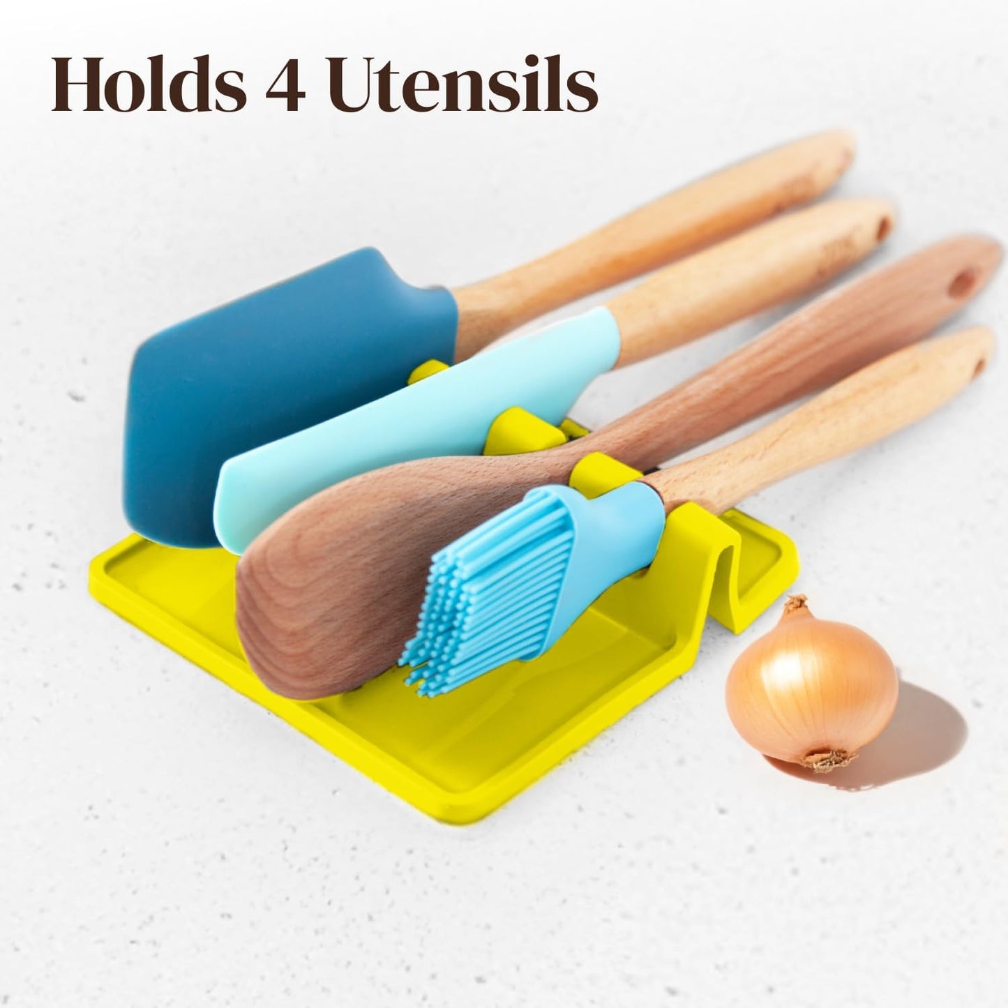 Silicone Spoon Rest for Stove Top with Drip Pad (Two Pack) - Heat Resistant BPA Free Utensil Rest & Spoon Holder for Kitchen Counter - Grill Utensil Holder - Spatula Holder, Tongs, Ladle - Yellow