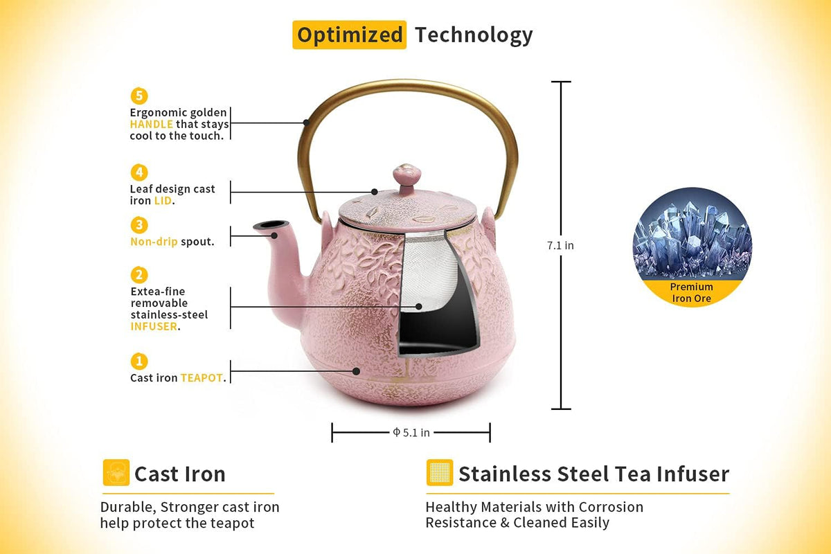TOPTIER Japanese Cast Iron Teapot with Infuser, Stovetop Safe, Leaf Design Tea Kettle, Enameled Interior, 32 Ounce (950 ml), Blush Pink