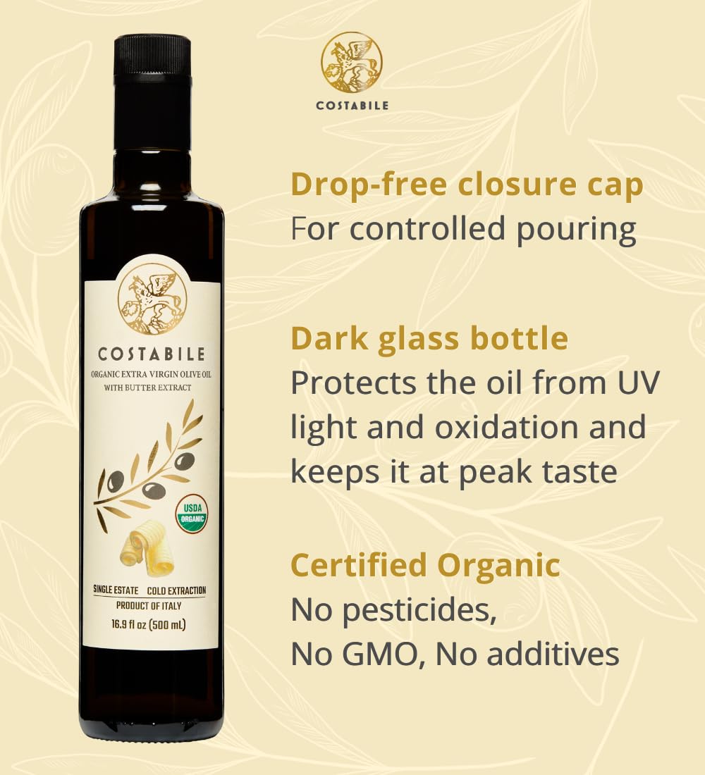 Costabile Butter Infused Olive Oil, Italian Extra Virgin EVOO with Natural Flavor for Cooking, Baking & Popcorn Topping 16.9 Fl. Oz.