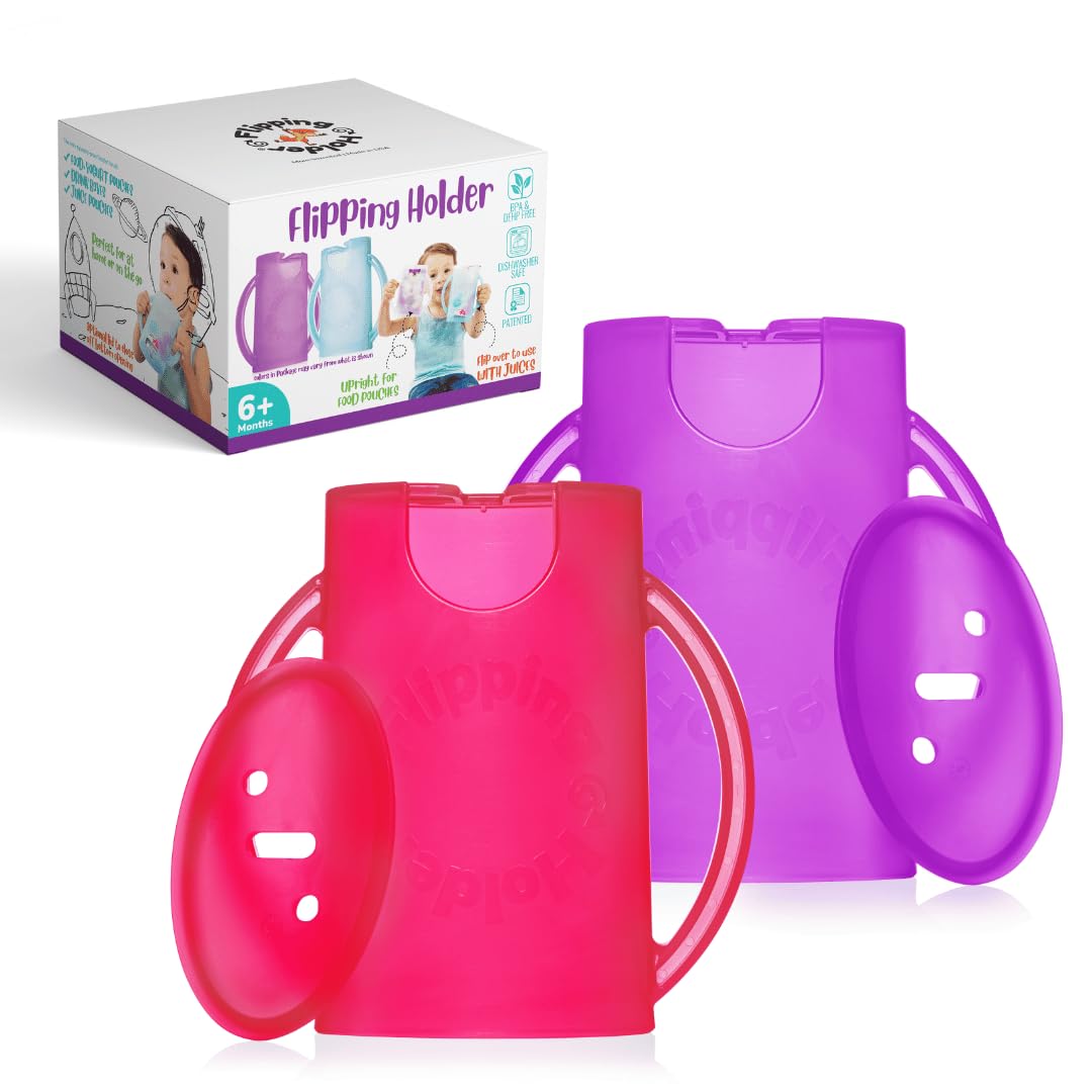 Squeeze Proof Food Pouch Holder for Toddlers, Babies, Kids, Mess Free No Squeeze Juice Box Drink and Applesauce Snack Holder with Easy Grip Handles and Lid