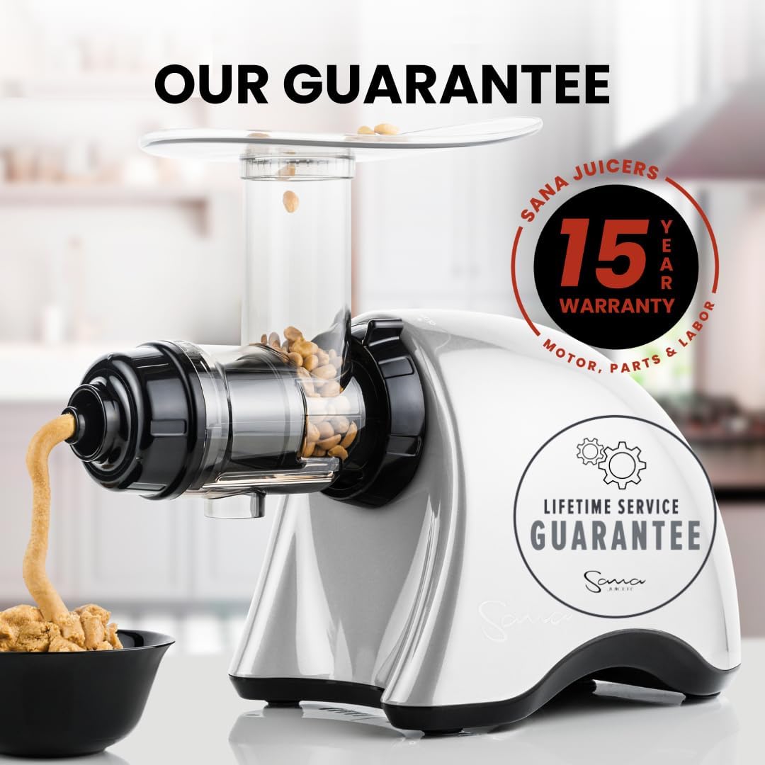 Cold Press SANA 707 Classic Horizontal Single Auger Slow/Low Speed Juicer | Easy Clean, Powerful Motor, Auto Feed, Compact, Celery Attachment, Frozen Desserts, Pasta Extrusion, 15 Year Warranty, White