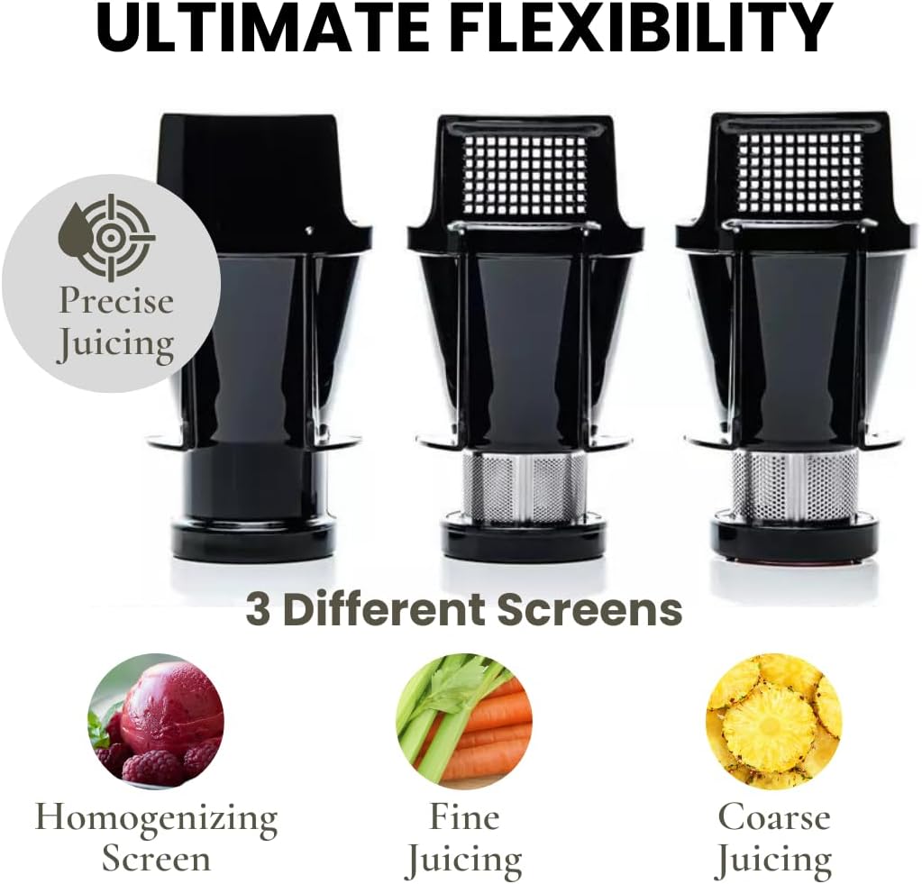 Cold Press SANA 707 Classic Horizontal Single Auger Low Speed Juicer | Easy Clean, Powerful, Auto Feed, Celery Attachment, Frozen Desserts, Pasta Extrusion, 15 Year Warranty, Black