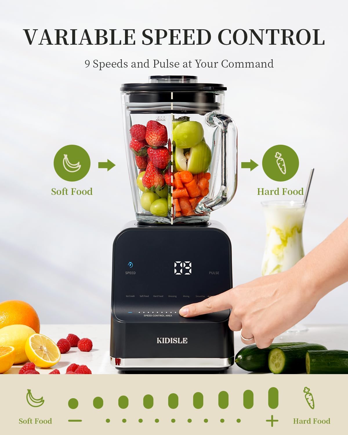 1200W Professional Smoothie Blender for Shakes, 52oz Glass Jar, Ice Crush, Puree, 9-Speed Touchscreen with Pulse & 7 Functions, Black