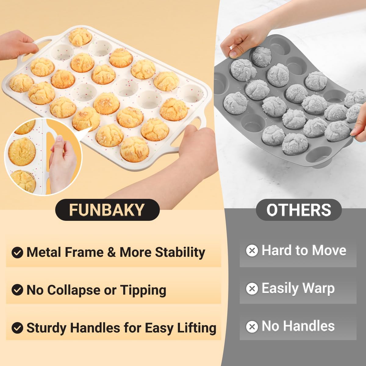 Silicone Mini Muffin Pan, Metal Reinforced Frame 24 Cups Nonstick Mini Cupcake Pans with Handles Easy to Move for Baking Muffin, Cupcake, Egg Bites Oven Safe, 2 Pack Confetti