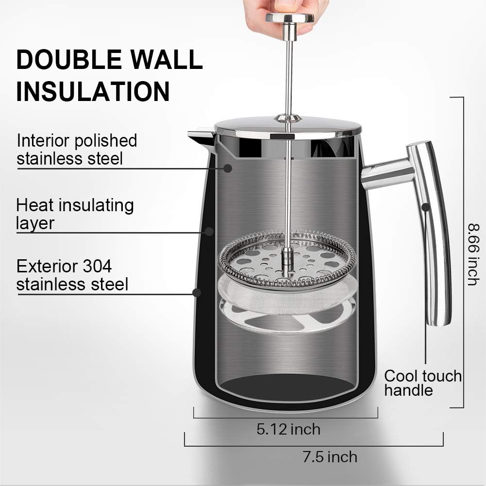 Secura French Press Coffee Maker, 34-Ounce, 304 Stainless Steel Insulated Coffee Press with Extra ScreenSecura French Press Coffee Maker, 34-Ounce, 304 Stainless Steel Insulated Coffee Press with Extra Screen