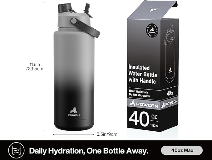 POWCAN 40 oz Insulated Water Bottle with 2-in-1 Straw and Spout Lid, Keep Cold 24H, Leak-Proof, BPA-Free, Double Wall Stainless Steel Water Bottle for Sports, Gym, Travel, and School (Obsidian)
