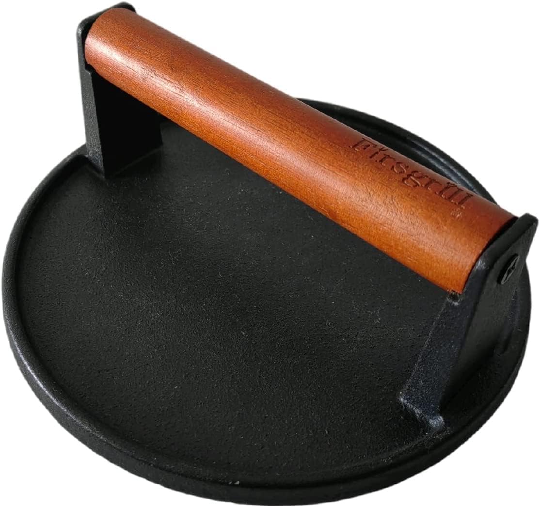 2-Pack Burger Press 7.08" Round,Heavy-Duty Cast Iron Smash Burger Press Meat Steak with Wood Handle for Blackstone Camp Chef Pitboss Weber Griddle Grills (2 Round)