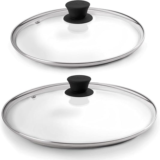 Glass Lids Set with Steam Vent Hole - 10"+12-Inch/25.4cm+30.48cm - Compatible with Lodge Cast Iron Skillet Pans - Oven Safe Fully Assembled Tempered Universal Replacement Cover - Reinforced Steel Rim