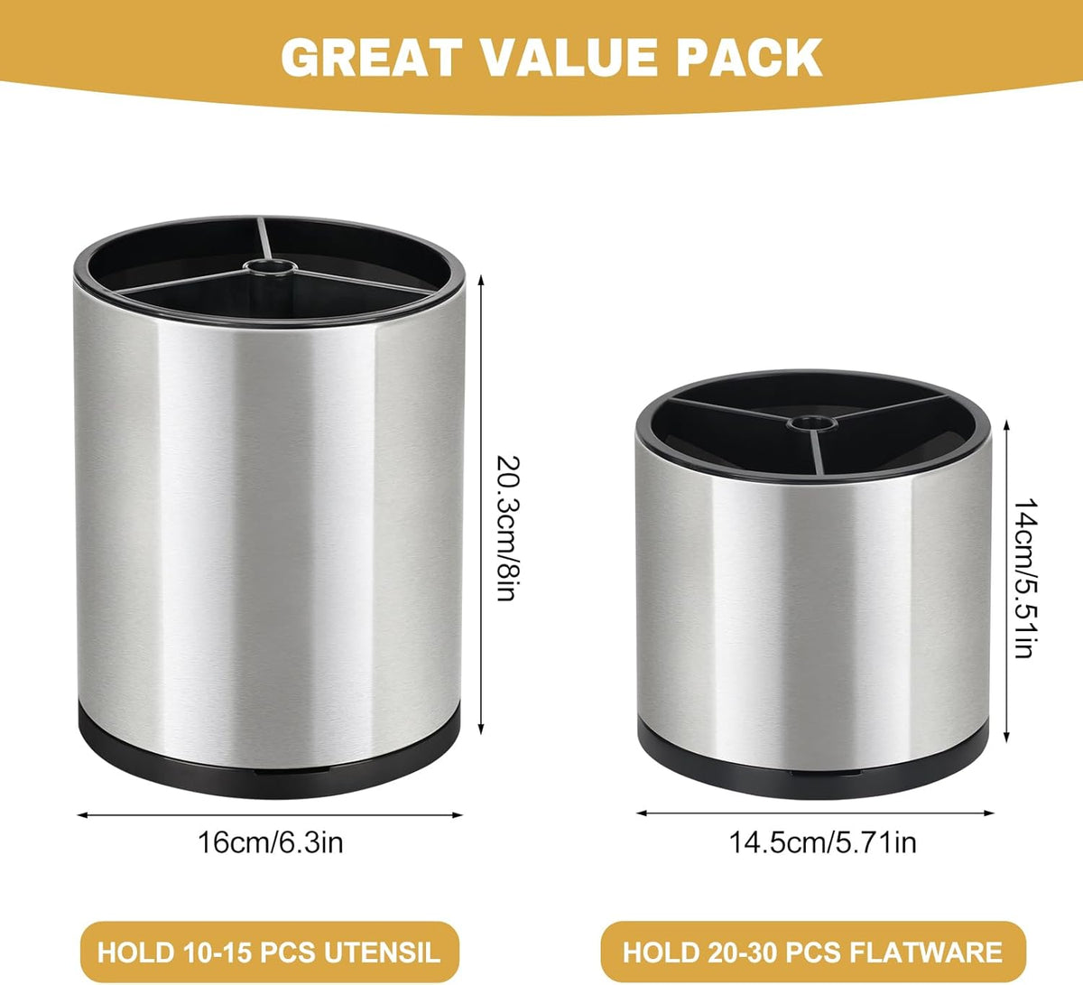 2Pack Kitchen Utensil Holder Set - 360° Rotating Stainless Steel Large Cooking Utensil Stand for Counter, 3 Compartment Flatware Caddy with Removable Base for Knife, Fork & Spoon Organizer - Sliver