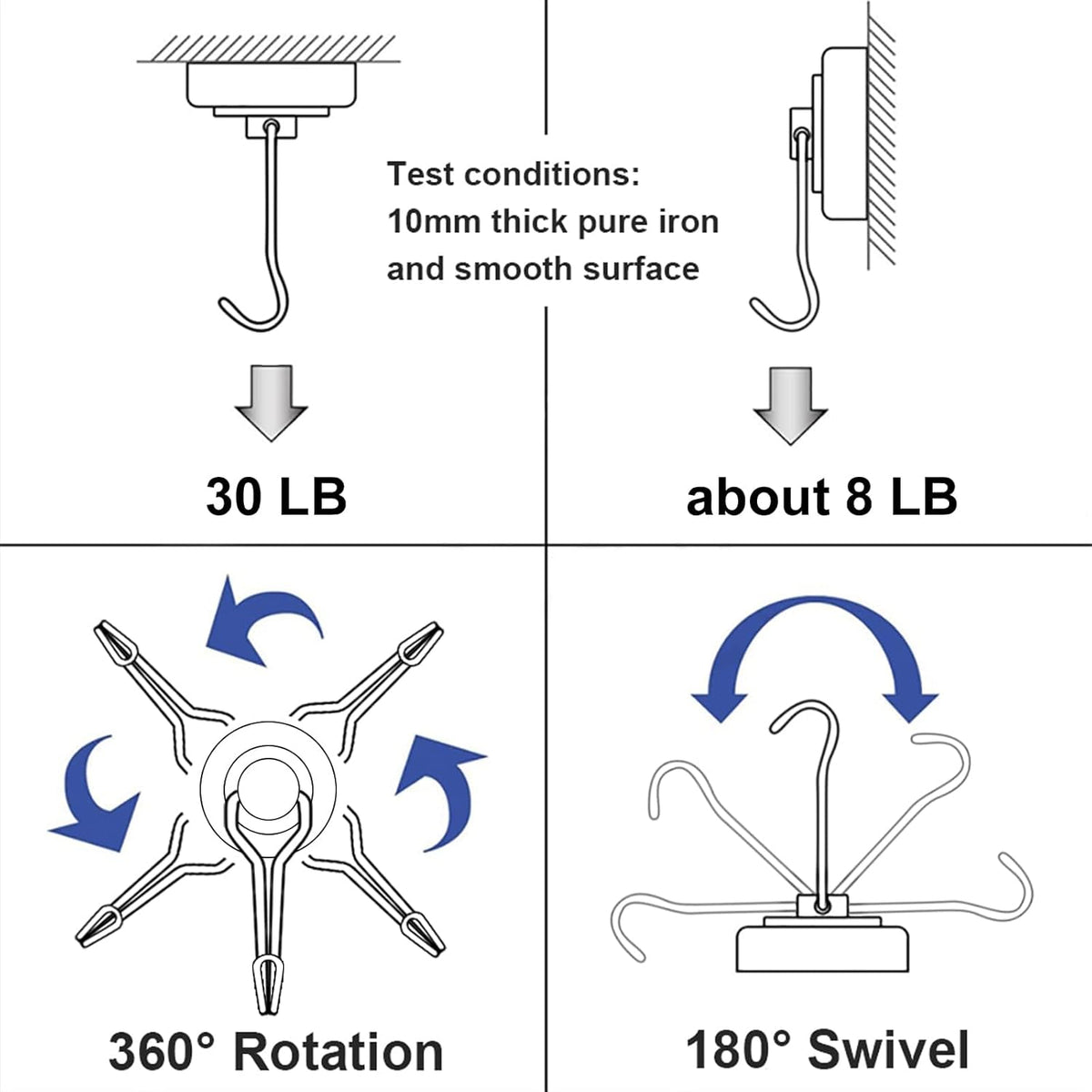 E BAVITE Magnetic Hooks, 30lbs+ Magnet Hook 2025 Cruise Cabin Ship Essentials Heavy Duty Strong Magnets Refrigerator Fridge Hanging for Classroom Beach Vacation Kitchen Grills Home 6pcs (Black)