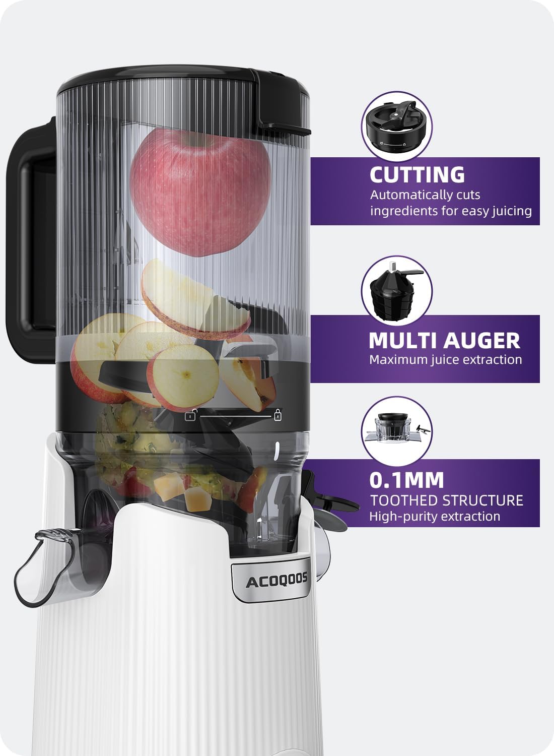 ACOQOOS Juicer Machines, Cold Press Juicer Whole Fruit and Vegetable with 5.3" Wider and Larger Feeding Chute (Capacity 1.8L), Easy to Clean Juicers with 2 Cups, Masticating Juicer White