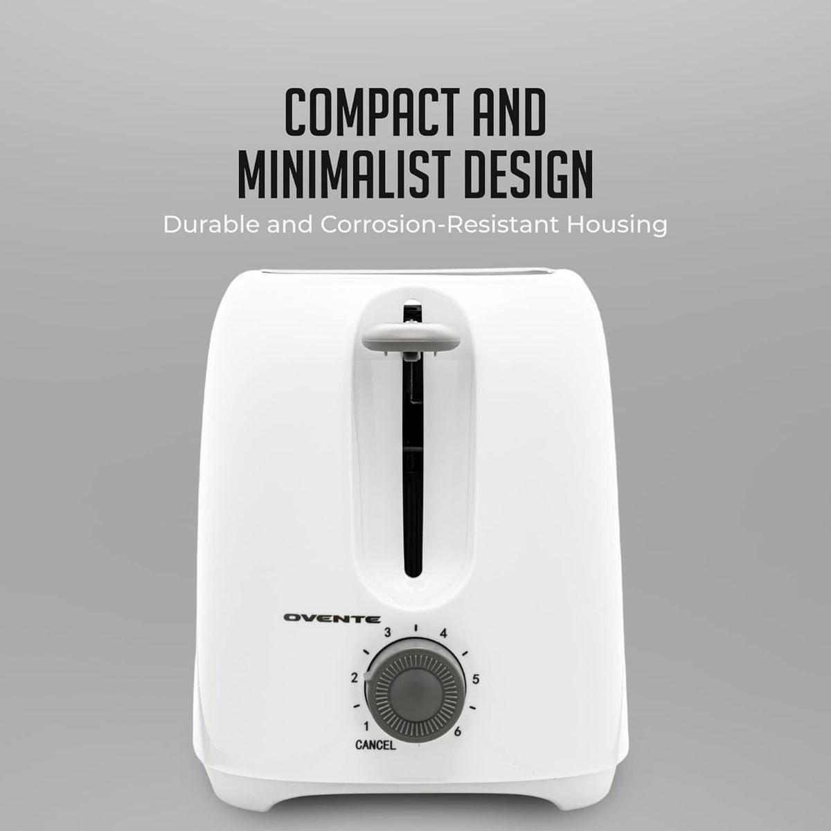 OVENTE Electric 2 Slice Toaster Machine with 6-Shade Browning Selector Setting, Compact Design and Removable Crumb Tray, 700W Power Perfect for Toasting Bread, Thin Bagels and Waffles, White TP2210WGY