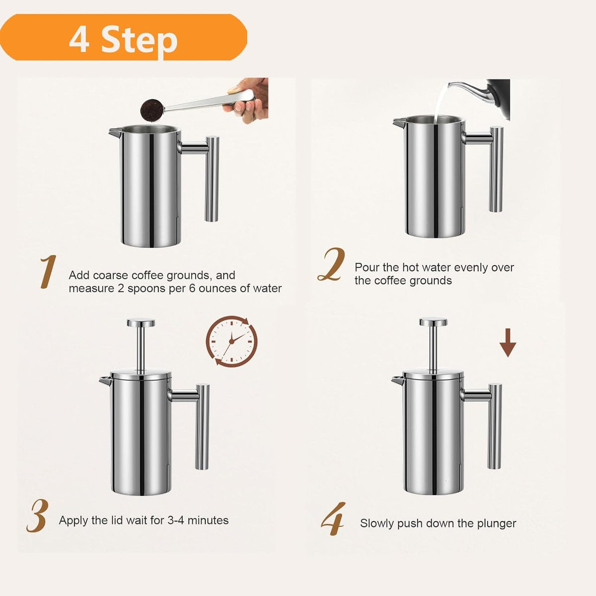 Stainless Steel French Press Coffee Maker 1500ml, Double-Wall Insulated Large French Coffee Press for travel camping，Large Capacity, （50oz, Silver）