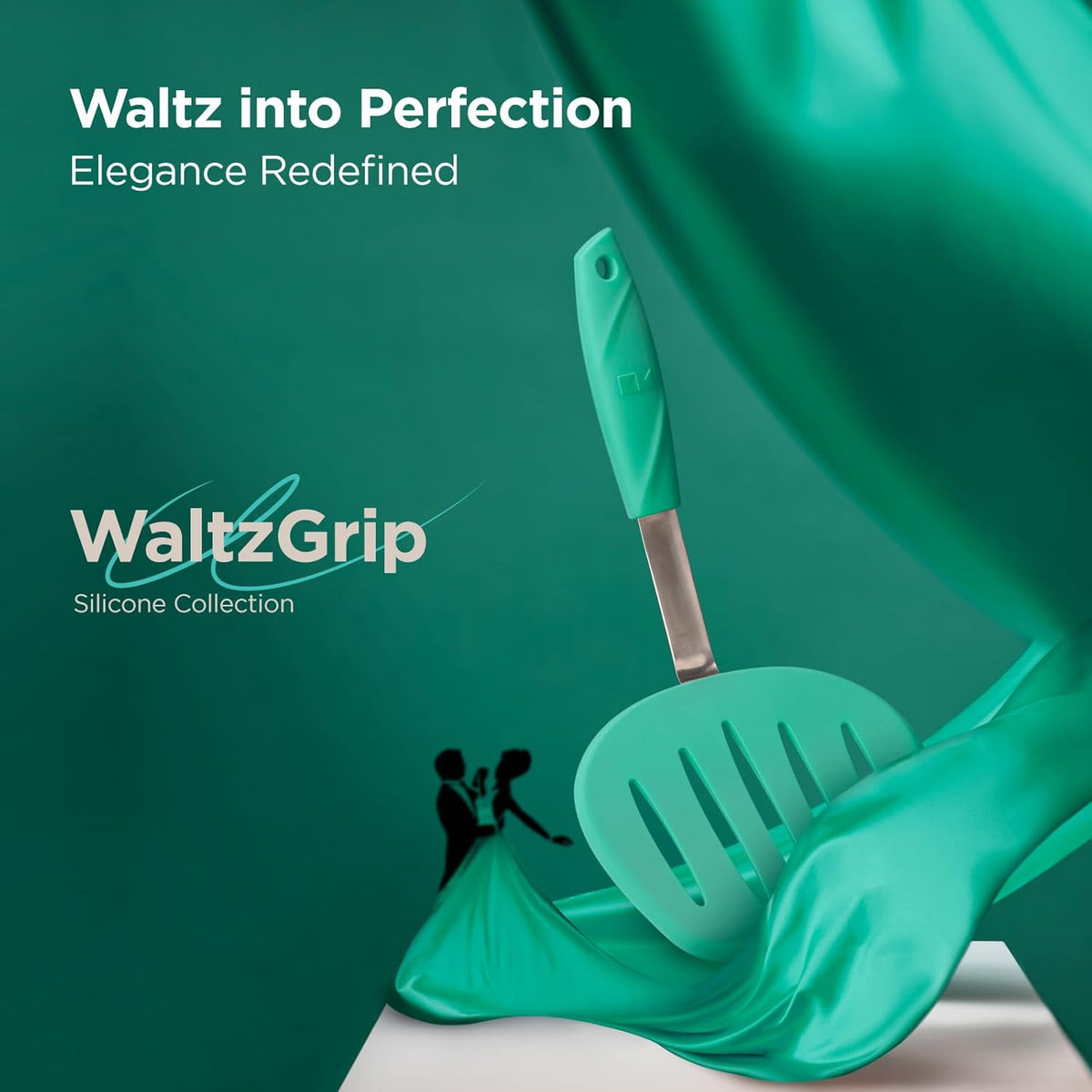 Kitchen Mama WaltzGrip Platinum Silicone Pancake Spatula Turner: Heat Resistant Flexible, Stainless Steel Core, Nonstick, Dishwasher Safe, Flipper – Ideal Kitchen Cookware for Eggs, Fish, Meat (Teal)