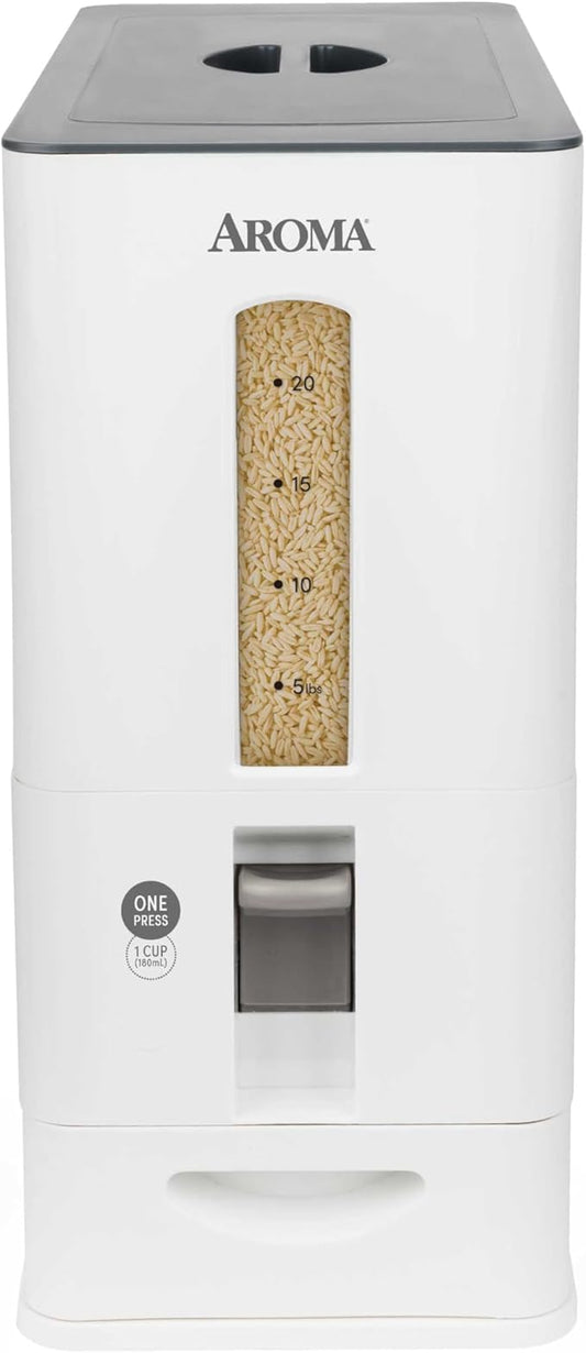 Aroma Housewares 27lbs Large Rice Dispenser, 7.25 x 16.5 x 16.5 inches, White