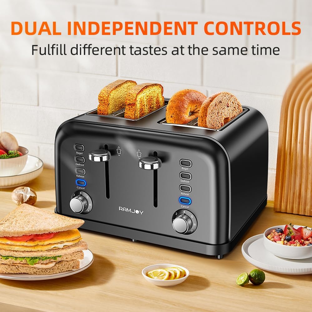 Black Toaster 4 Slice, Dual Independent Controls, Extra Wide Slot Toasters for Bagel, Bread, Waffles, 7 Shade Settings, 4 Main Functions, Removable Crumb Tray, 1500 Watts, Black Stainless Steel