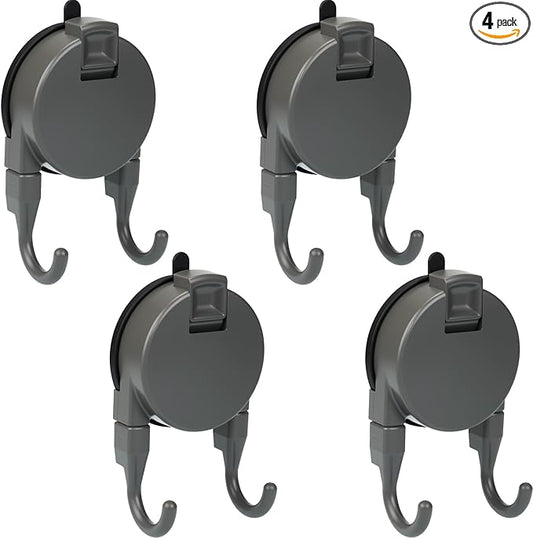 Heavy Duty Double Hook Suction Cup Hangers for Bathroom & Kitchen, 4 Pack Vacuum Wall Hooks, Strong Removable No Drill Suction Hangers for Glass, Tile, Shower, RV (Gray - 4 Pack)