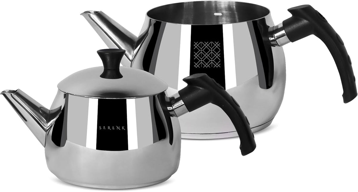 Serenk Stainless Steel 3 qt(101 fl oz) Turkish Tea Pot Sets With Lids And NonSlip Bakelite Handles For All Stove Type Turkish Tea Maker Two Pots With Termo Capsuled Induction Base (Black Small)
