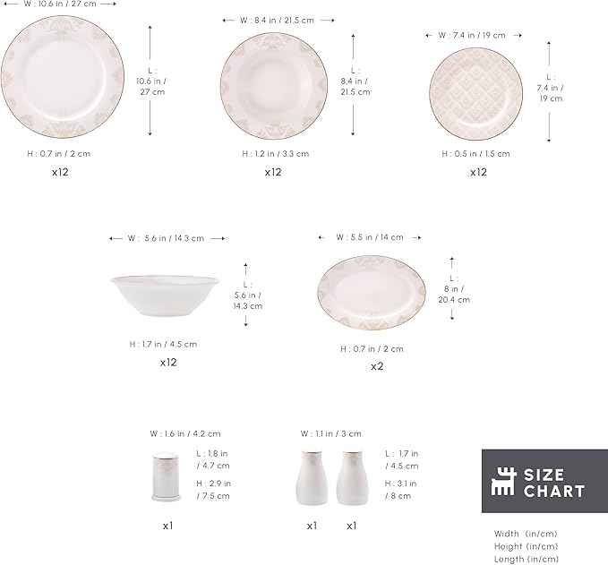 Karaca Siena 53-Piece Porcelain Plates and Bowls Set with Dinner & Dessert Plates, Shakers - Bone China Dishware Sets - Kitchen Dinnerware Set for 12 People