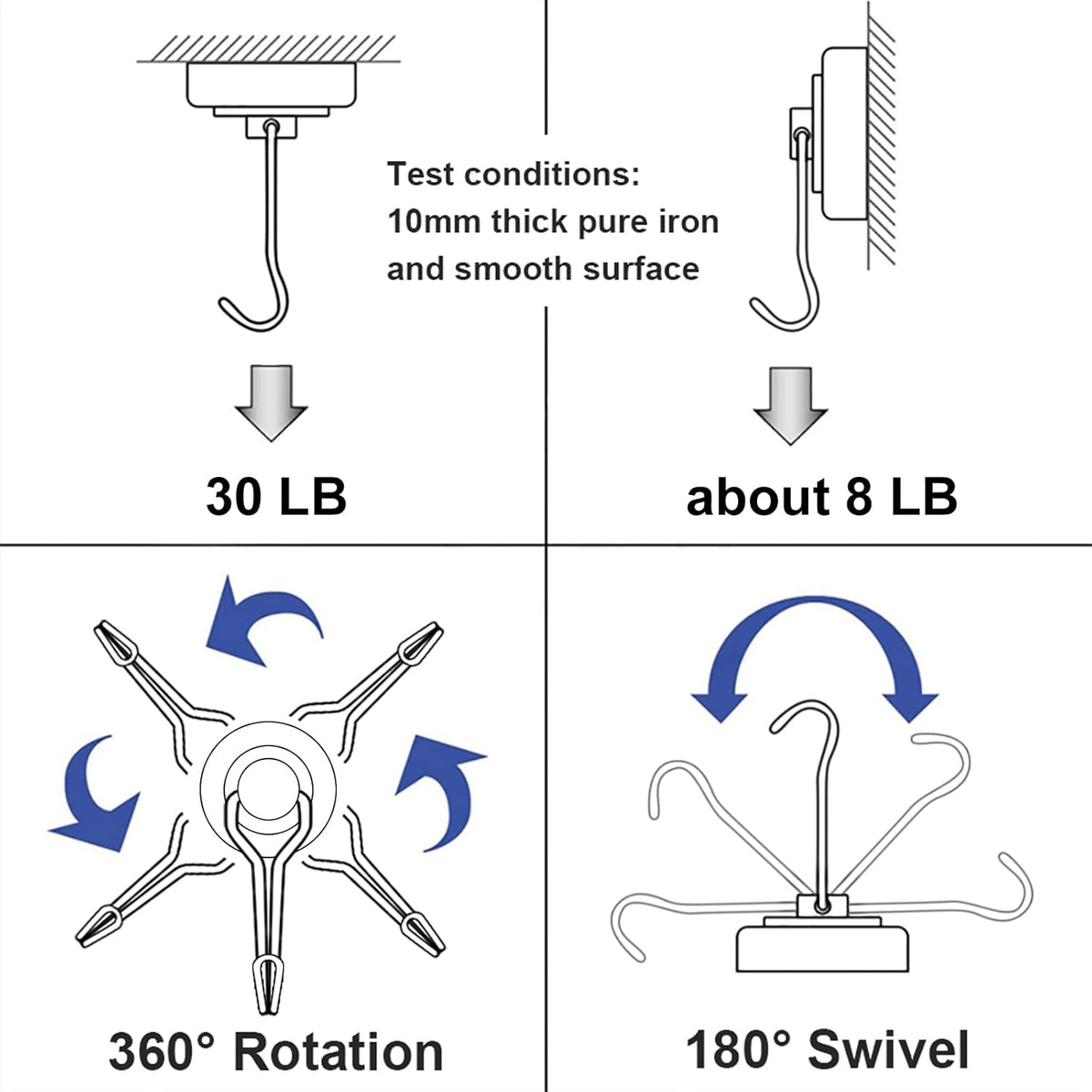 E BAVITE Swivel Swing Magnetic Hooks, 30LBS Powerful Strong Magnetic Hooks Perfect for Refrigerator, Kitchen,Pack of 10 Silver