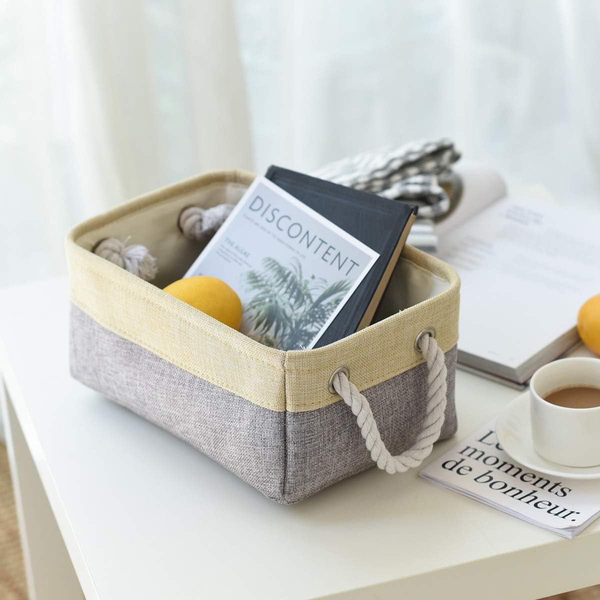 Fabric Storage Baskets for Organizing(6 Pack) Small Baskets for Shelves,storage, Laundry, Nursery, Closets, Decorative Baskets for Gifts Empty (Grey & gold, 11.8” x 7.8” x 5.1”)