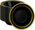 100 Pack Black Disposable Bowls with Gold Rim, 12oz Black Plastic Soup Bowls for Party, Wedding, Holiday,And Halloween