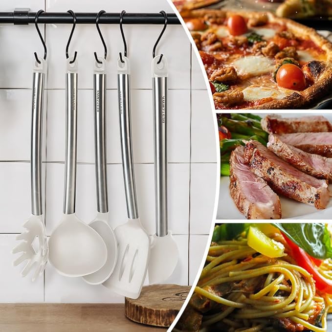 Kitchen Utensil Set-Silicone Cooking Utensils-33 Kitchen Gadgets & Spoons for Nonstick Cookware-Silicone and Stainless Steel Spatula Set-Best Kitchen Tools, Useful Pots (Cream White)
