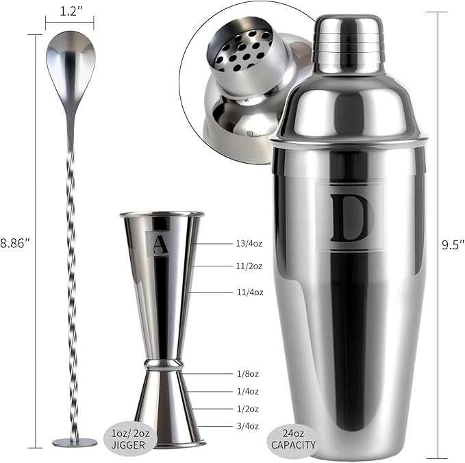 24oz Cocktail Shaker Set with 1 oz 2oz Jigger - Monogramm Initials Martini Shaker Set - 304 Stainless Steel Bar Shaker for Margarita,Mojito-Personalized Gift for Friend,Husband-E
