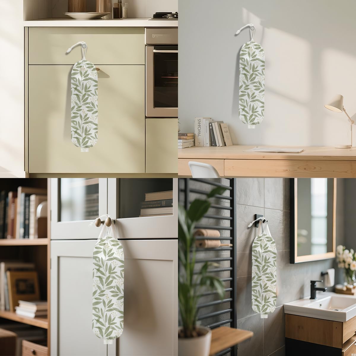 Watercolor Leaves Plastic Bag Holder, Wall Mount Grocery Bag Holder for Plastic Bags, Cottage Core Rustic Leaves Reusable Grocery Bags Storage Dispenser, Farmhouse Home Kitchen Decor