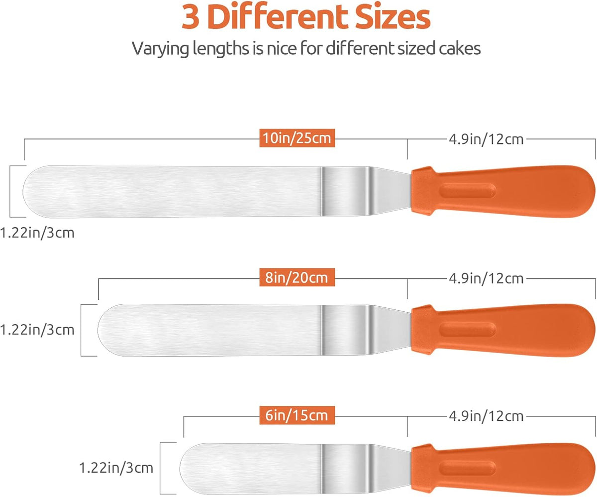 Icing Spatula, U-Taste Offset Spatula Set with 6", 8", 10" Blade,Stainless Steel Angled Cake Decorating Frosting Spatula Set of 3 (Orange)