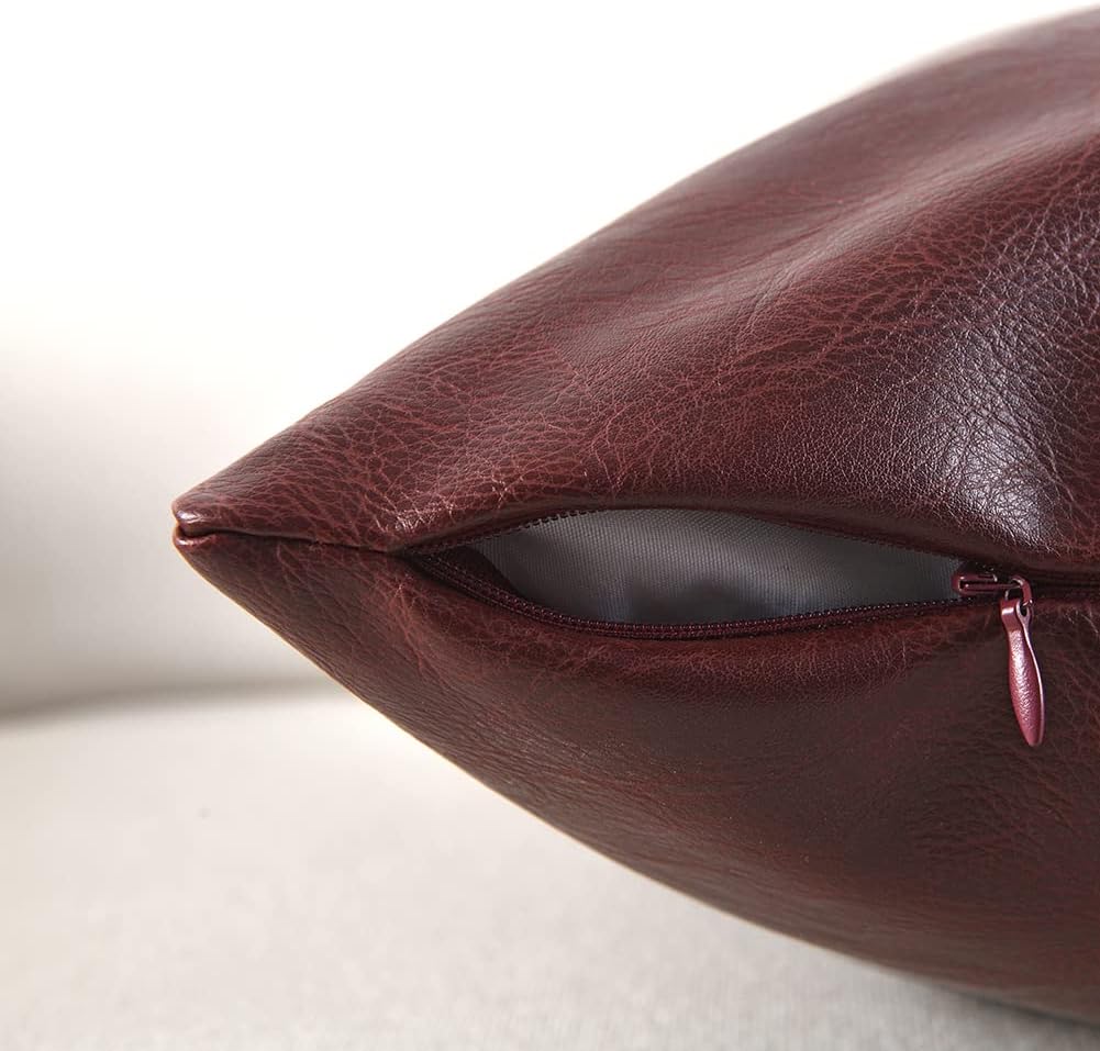 Fancy Homi Burgundy Lumbar Waterproof Faux Leather Decorative Throw Pillow Covers 12x20 Inch for Living Room Couch Bed, Modern Farmhouse Boho Home Decor, Wine Red Hand Stitched Cushion Case 30x50 cm