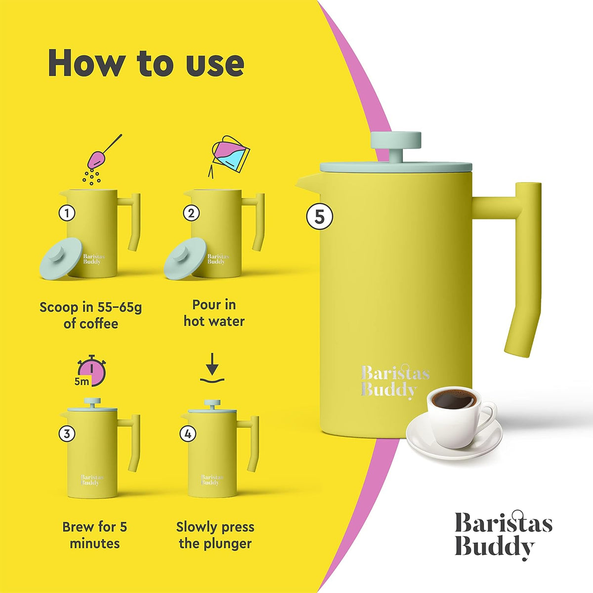 Yellow French Press Coffee Maker - Colorful, Retro And Stylish Insulated Coffee Brewer - Large Size Brews 4 Cups